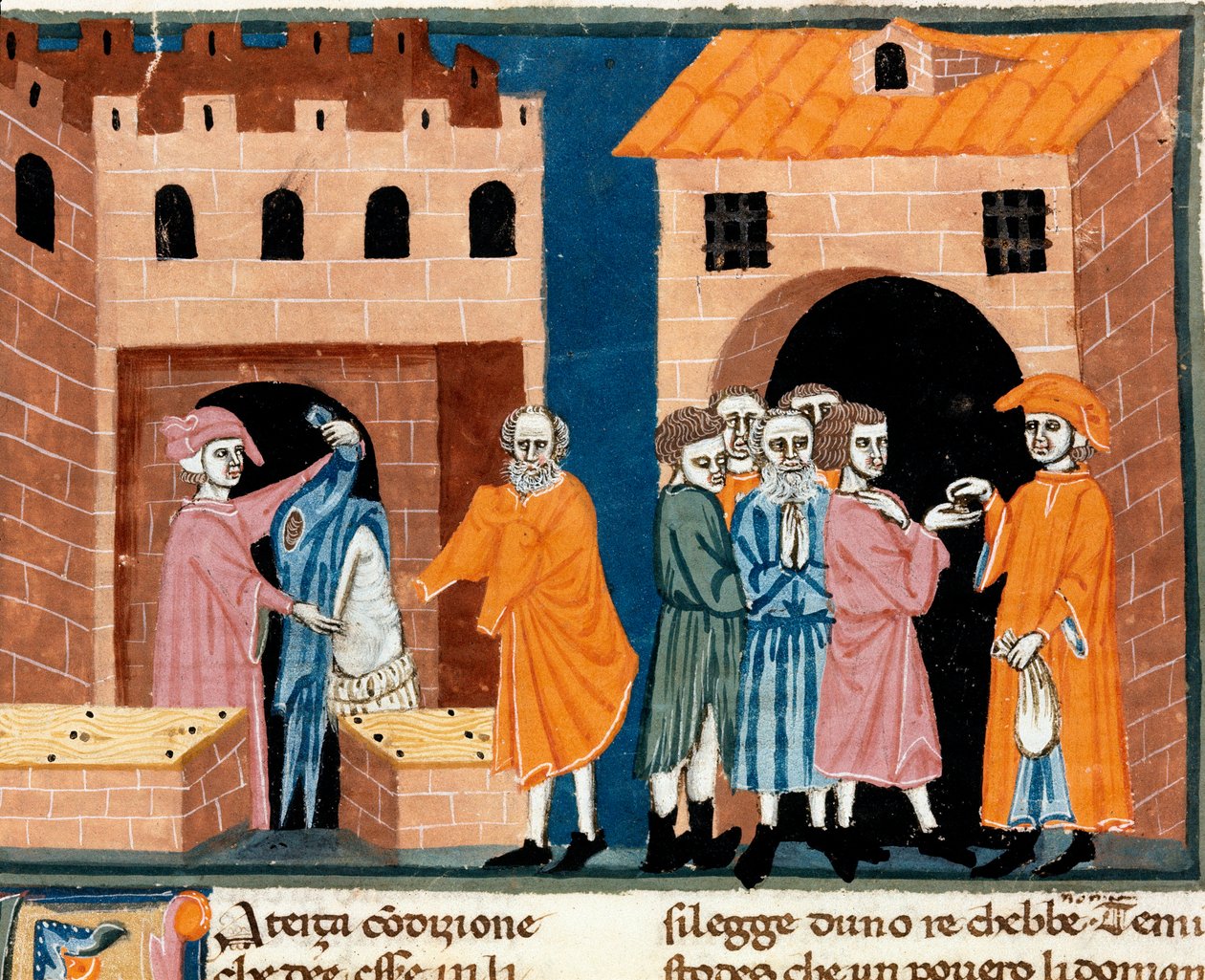 Wohltätigkeit im Mittelalter: „öffentliche Hilfe“. Szene der Wohltätigkeit und Hilfe für die Armen (Miniatur der Florentiner Schule, Anfang des 14. Jahrhunderts) von Unknown artist