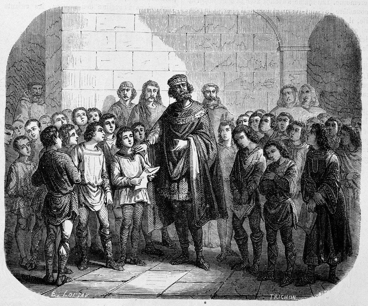 Karl der Große besucht eine Schule - in „Geschichte der Päpste, Könige, Königinnen, Kaiser durch die Jahrhunderte“ von Maurice Lachatre von Unknown artist