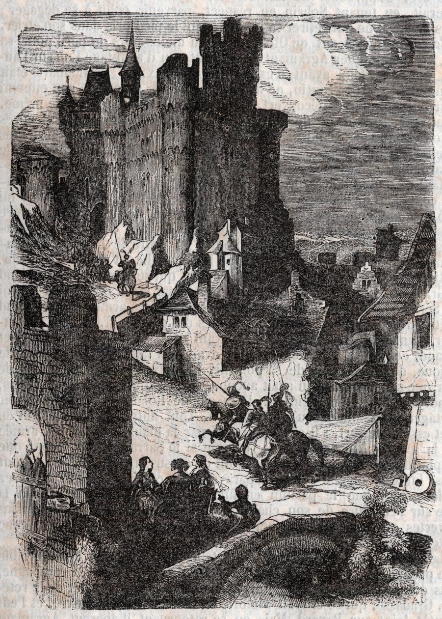 Schloss Marganor - Gravur von 1851 aus „Furioser Roland“ (Orlando furioso) (16. Jahrhundert) von Ludovico Ariosto, bekannt als der Ariosta - Ausgabe übersetzt aus dem Italienischen von Graf von Tressan und veröffentlicht von Gustave Harvard von Unknown artist