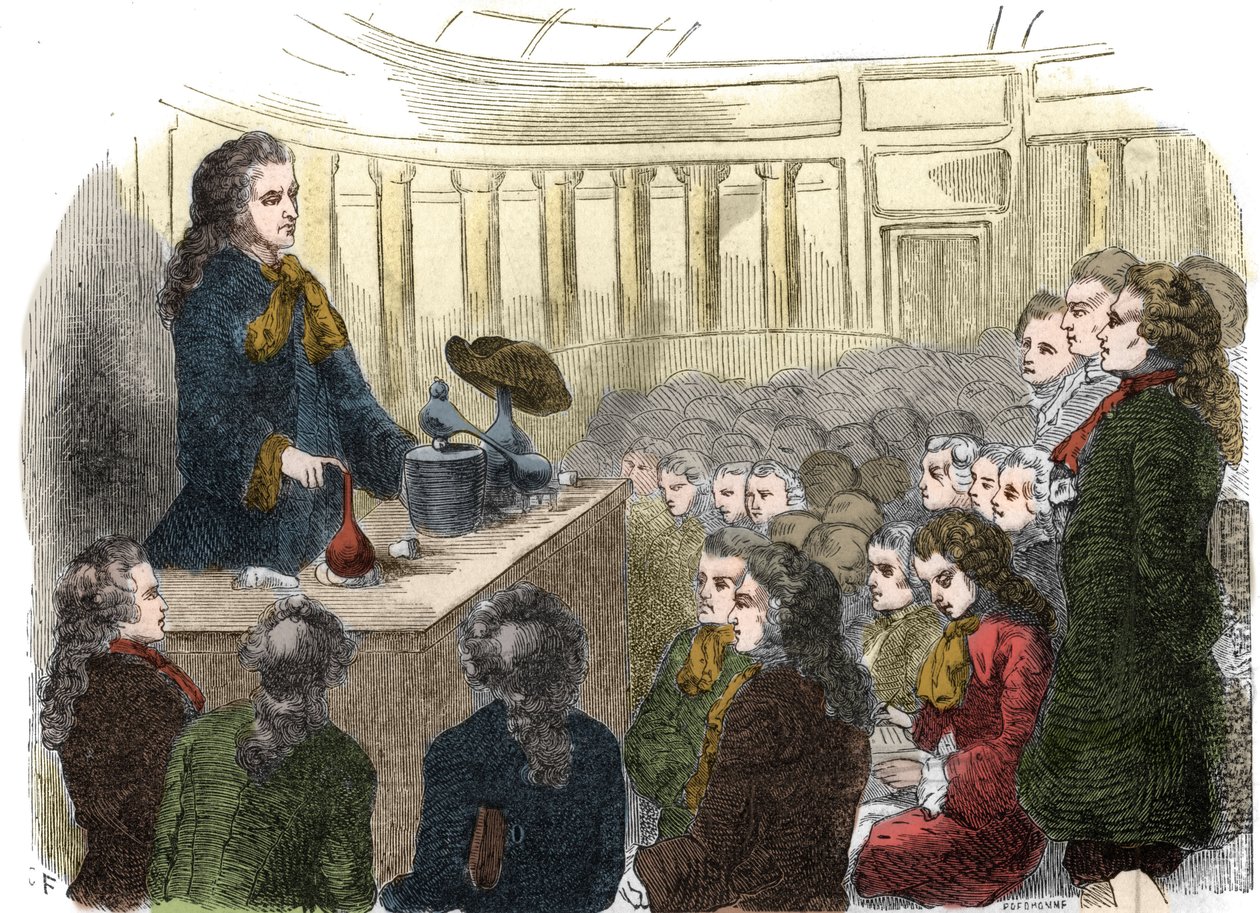 Chemiekurs von Guillaume-François Rouelle (1703-1770), französischer Chemiker, an der Akademie der Wissenschaften im Jahr 1744. Gravur von 1861. von Unknown artist