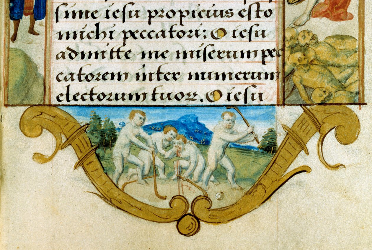 Kinder spielen Ballspiel, Vorläufer des Hockeys. (Detail) von Unknown artist