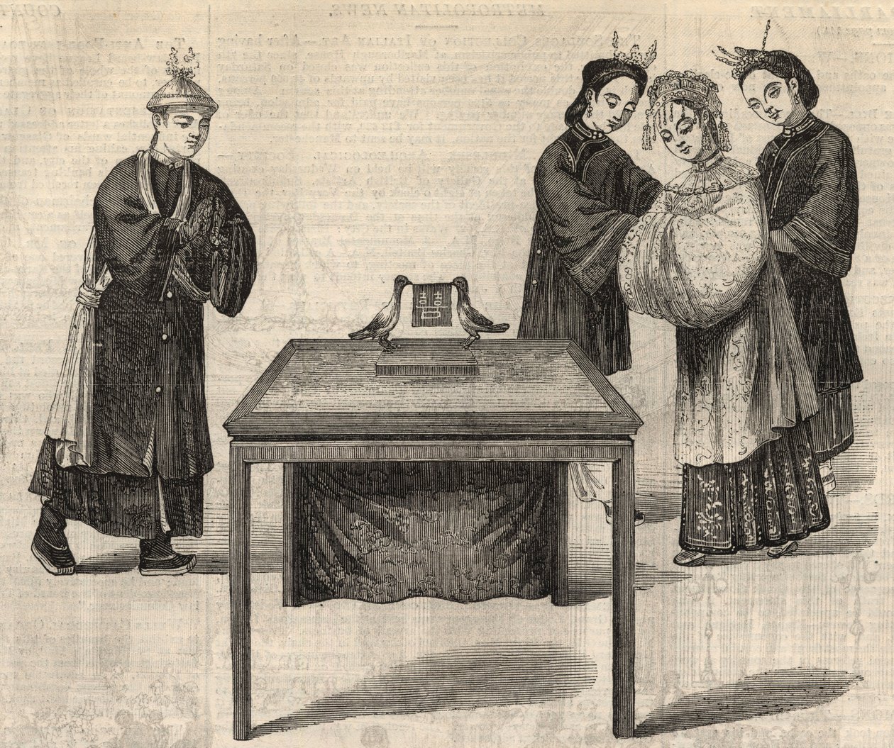 Chinesischer Brauch: Unterzeichnung eines Ehevertrags. Eine Tafel mit den Namen der beiden Ehepartner wird auf einen Tisch mit zwei Tauben gestellt. Gravur in „The Illustrated London News“ vom 14. Februar 1857. von Unknown artist