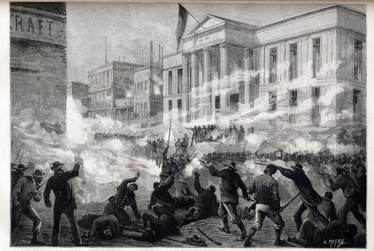 Unruhen am Gerichtsgebäude von Cincinnati 1884 - ein Aufstand, der nach einem Geschworenenurteil wegen Totschlags nach einem berüchtigten Mordprozess am 28. März 1884 begann von Unknown artist