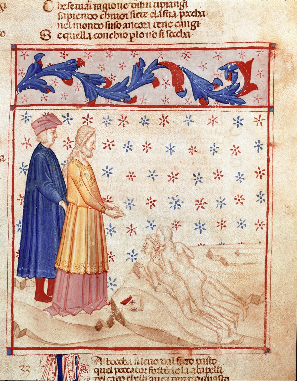 Kreis der Verräter: Dante und Virgil treffen Ugolino della Gherardesca, Tyrann von Pisa, der wegen Verrats an der Heimat verurteilt wurde. Illustrierte Seite des 33. Gesangs der Hölle aus der „Divina Commedia“ von Unknown artist