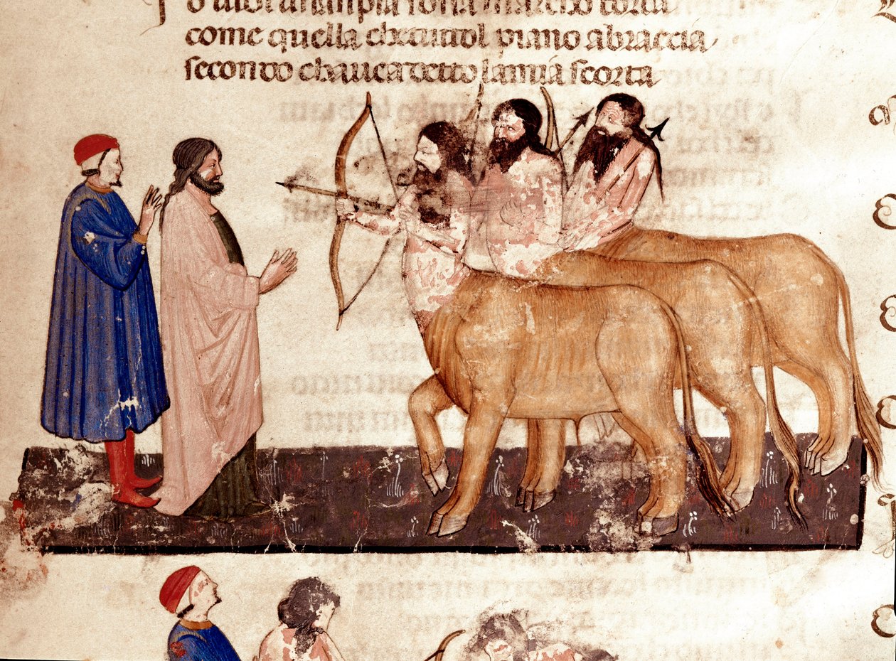 Kreis der Gewalttätigen: Dante und Virgil treffen Zentauren mit Bögen und Pfeilen. Illustrierte Seite des 7. Gesangs der Hölle aus der „Divina Commedia“ von Dante Alighieri (1265-1321). 14. Jahrhundert, Venedig, Biblioteca Marciana von Unknown artist