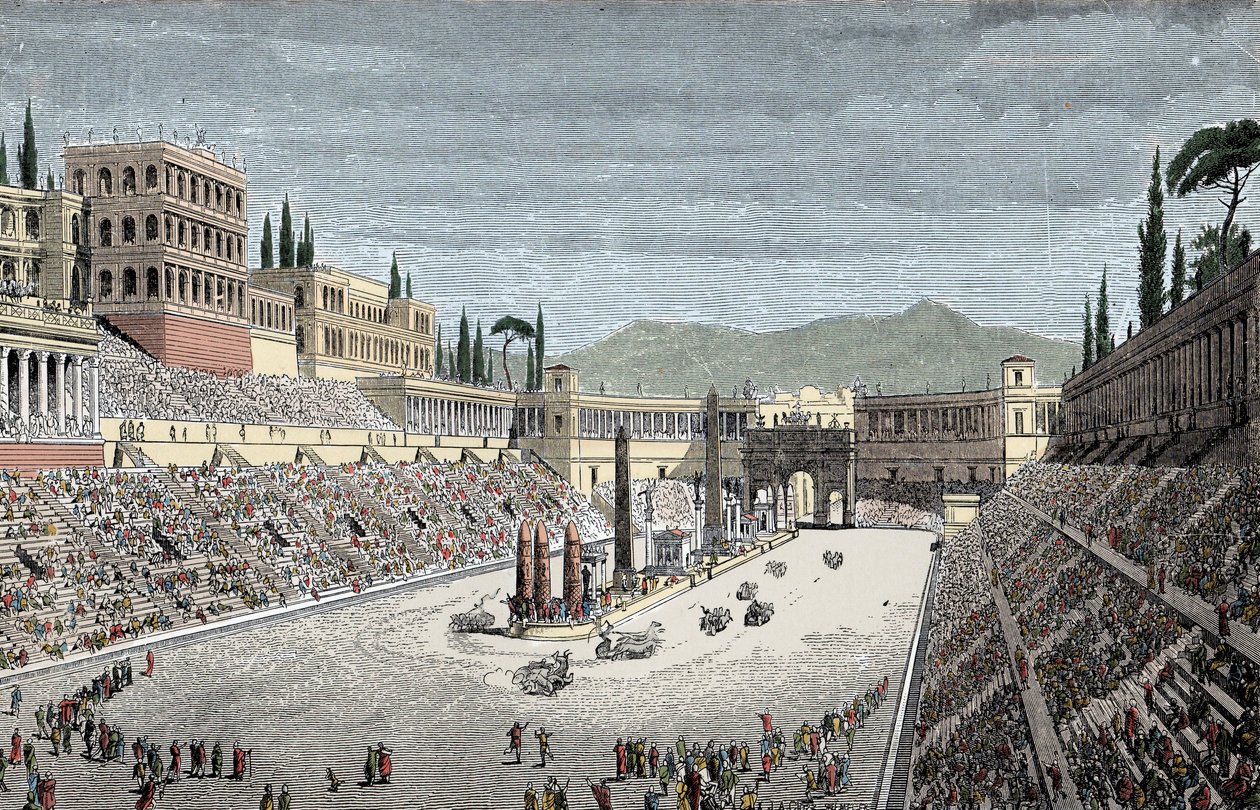 Circus Maximus - Der große Zirkus oder Circus Maximus in Rom, mit einem Wagenrennen - Farbige Gravur von Unknown artist