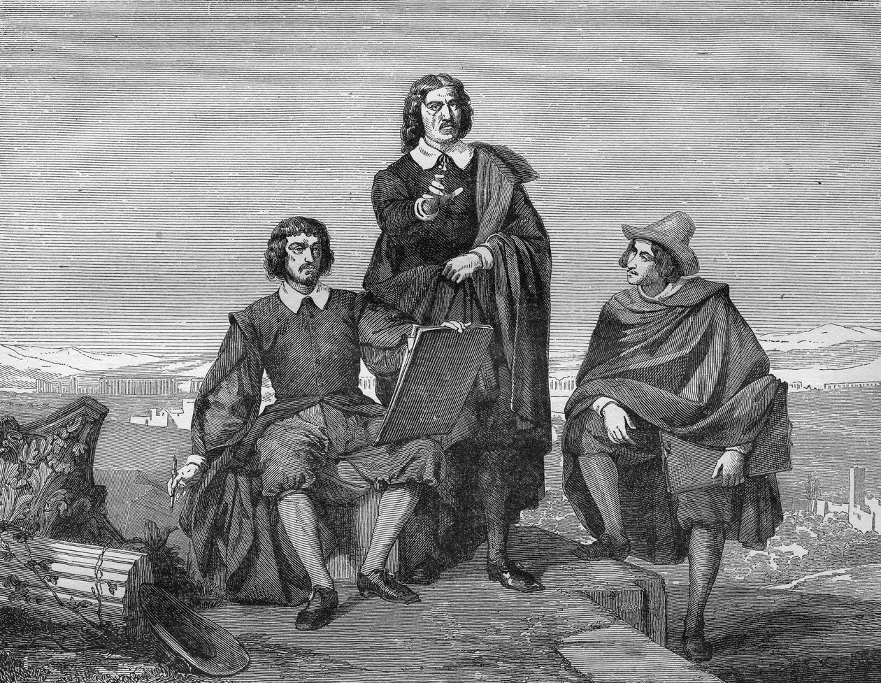 Claude Lorrain, Nicolas Poussin und Gaspard Dughet (der Guaspre Poussin) in der römischen Region. Gravur des 19. Jahrhunderts von Unknown artist