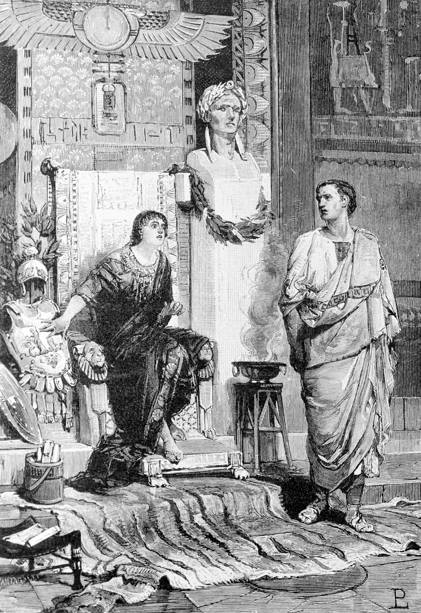 Kleopatra (69 v. Chr. - 30 v. Chr.), Königin von Ägypten und Oktavian, kam nach der Niederlage von Actium und dem Tod von Marcus Antonius zu ihr, um mit ihr zu sprechen. Gravur des 19. Jahrhunderts. Storia d