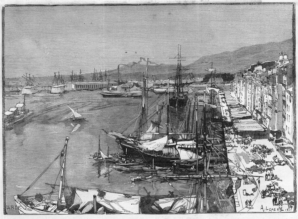 Handelsschiff und Arsenal im Hafen von Toulon (Var), Frankreich. Gravur in „Le Monde Illustré“ von Unknown artist
