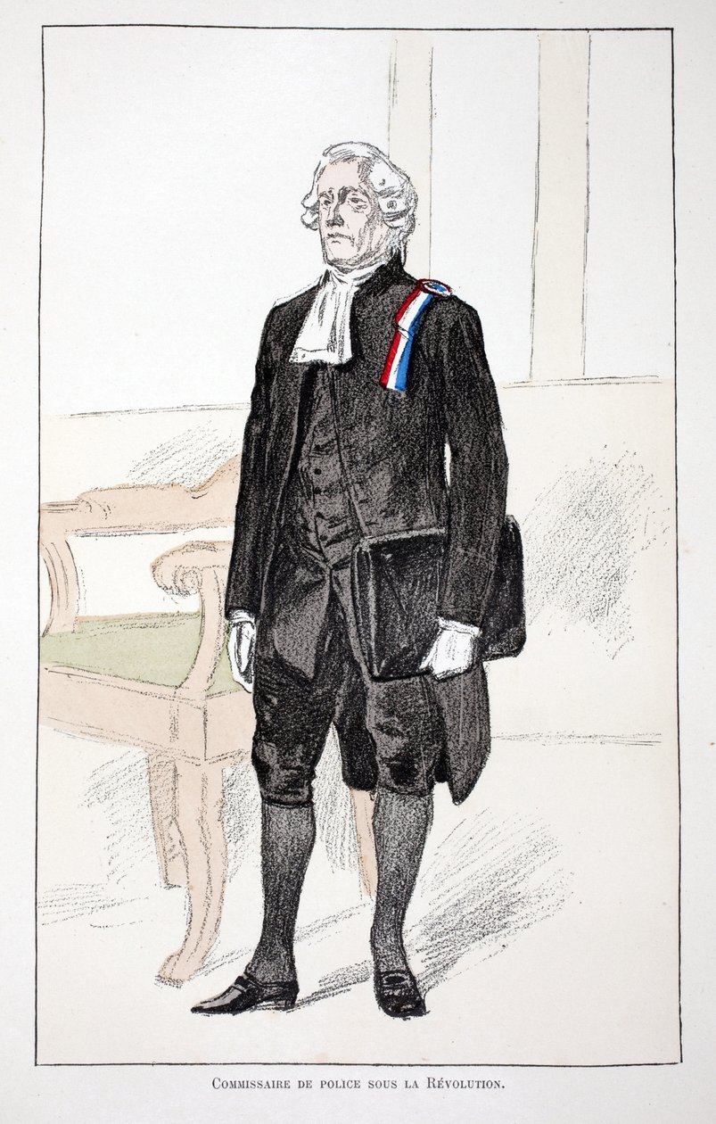 Polizeikommissar während der Revolution (1789-1799). Farbradierung zur Illustration des Buches 