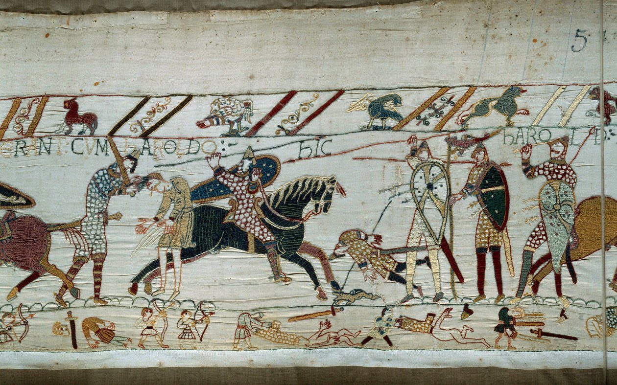 Eroberung Englands durch den Herzog der Normandie Wilhelm den Eroberer (1027-1087) im Jahr 1066: Die Normannen massakrieren die sächsischen Armeen, König Harold wird durch einen Pfeil ins Auge getötet (Detail des Teppichs von Bayeux oder der Stickerei von  von Unknown artist