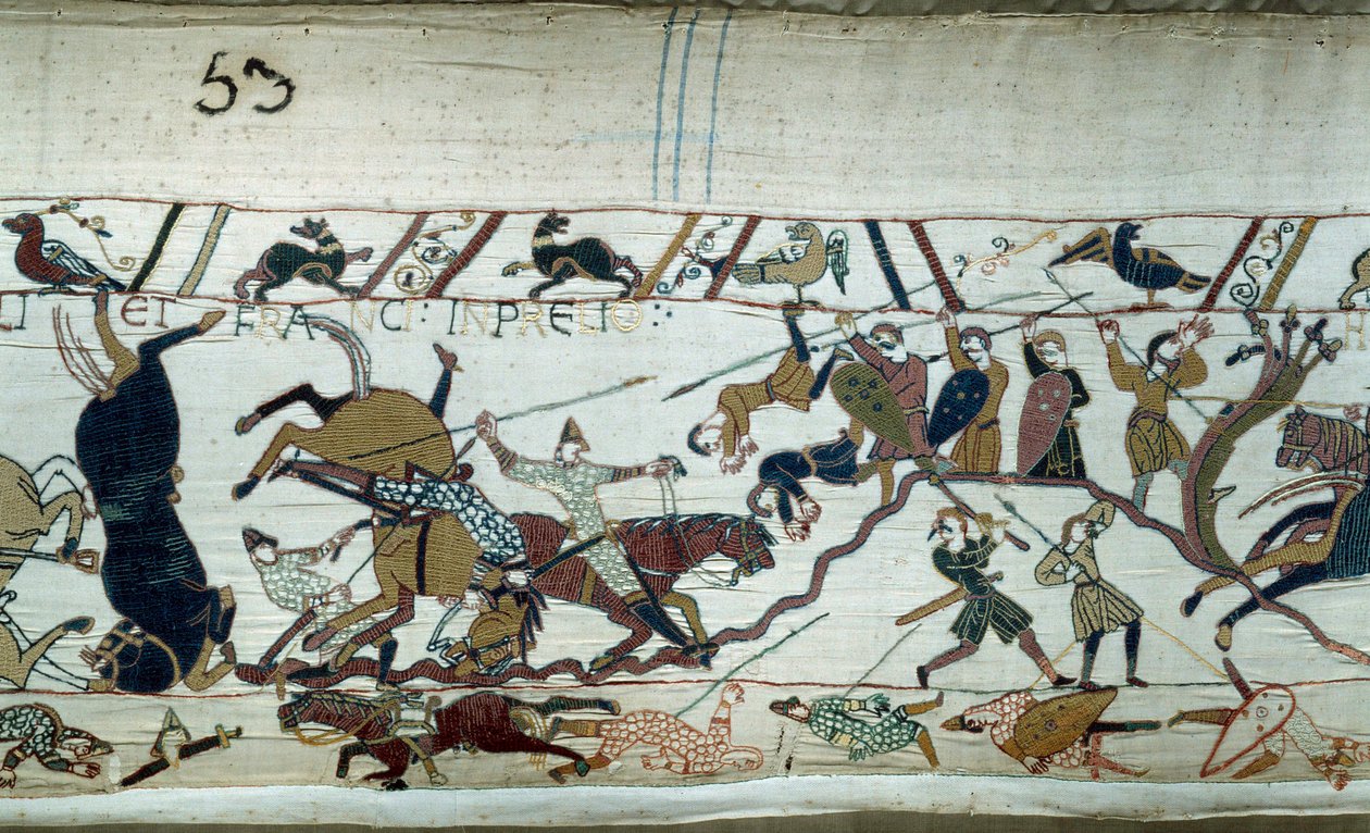 Eroberung Englands durch den Herzog der Normandie Wilhelm den Eroberer (1027-1087) im Jahr 1066: Die Schlacht von Hastings (Detail des Teppichs von Bayeux oder der Stickerei von Königin Mathilde) von Unknown artist