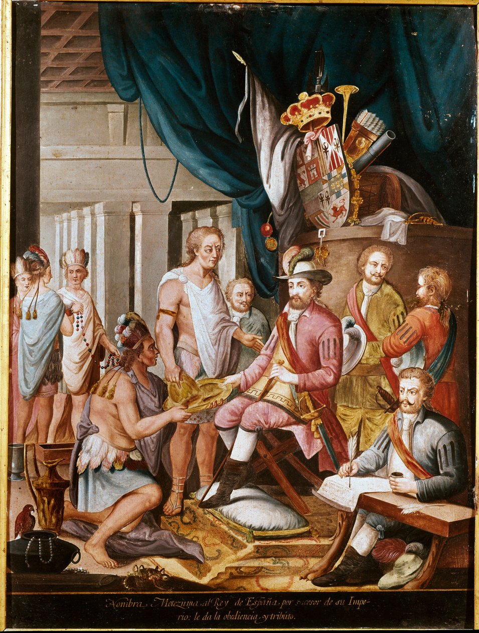 Eroberung Mexikos: Montezuma (oder Moctezuma II), Aztekenkaiser (1466-1520) bietet dem Konquistador Hernán Cortés (1485-1547) Geschenke an und schwört dem Königreich Spanien Treue von Unknown artist