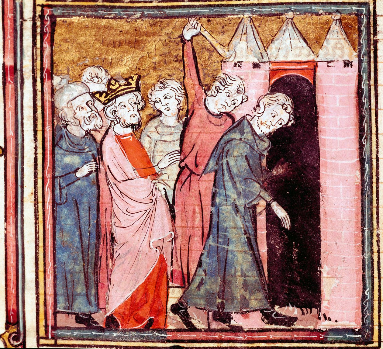 Verschwörung gegen Ludwig den Frommen, Kaiser des Westens, sein Sohn Lothar zwingt ihn zur öffentlichen Buße im Kloster Saint Medard de Soissons im Jahr 833 (Miniatur aus „Grandes Chroniques de France“) von Unknown artist