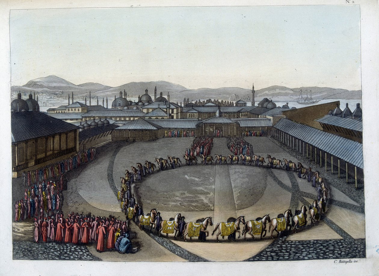 Konstantinopel: Tor des Glücks. Diese Tür gibt Zugang zum Inneren des Palastes, in dem der Sultan mit seiner Familie und den Damen seines Harems lebt. In „Das alte und moderne Kostüm“ von Unknown artist