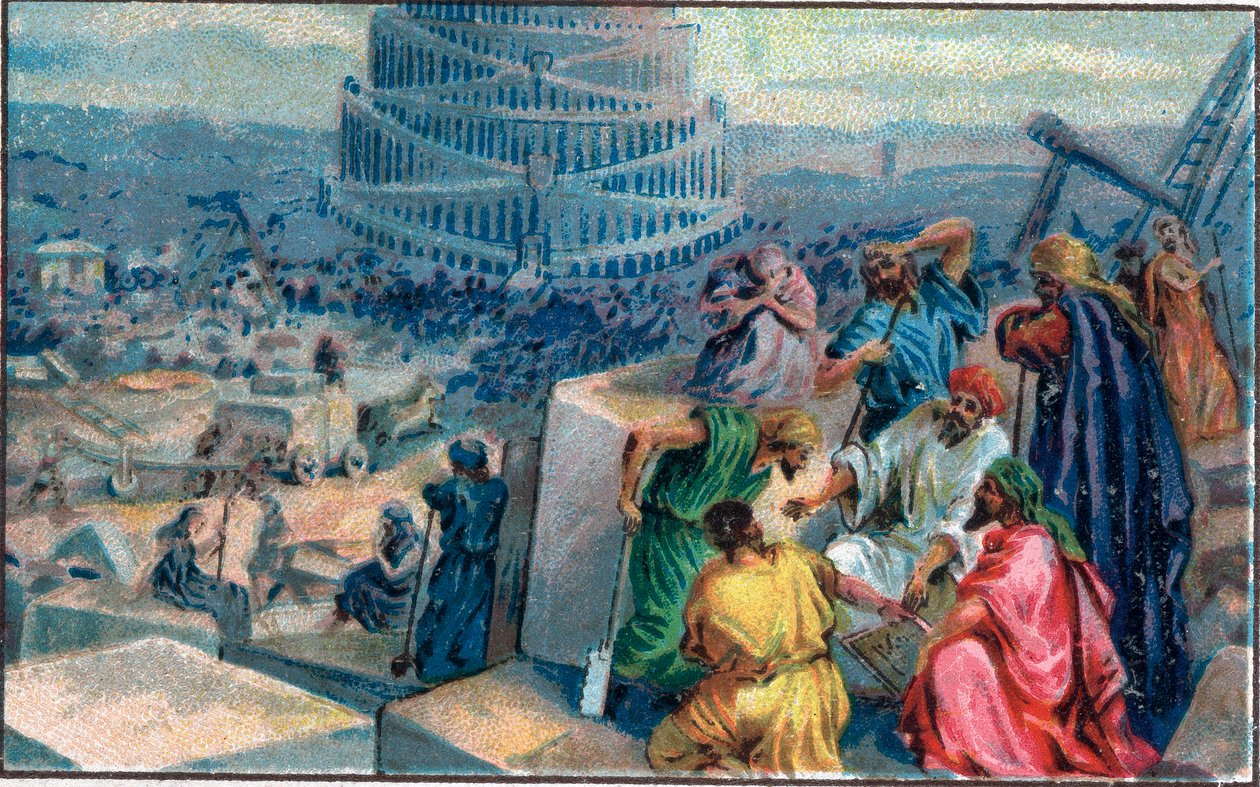 Bau des Turms von Babel. Chromolithographie aus dem späten 19. Jahrhundert. von Unknown artist