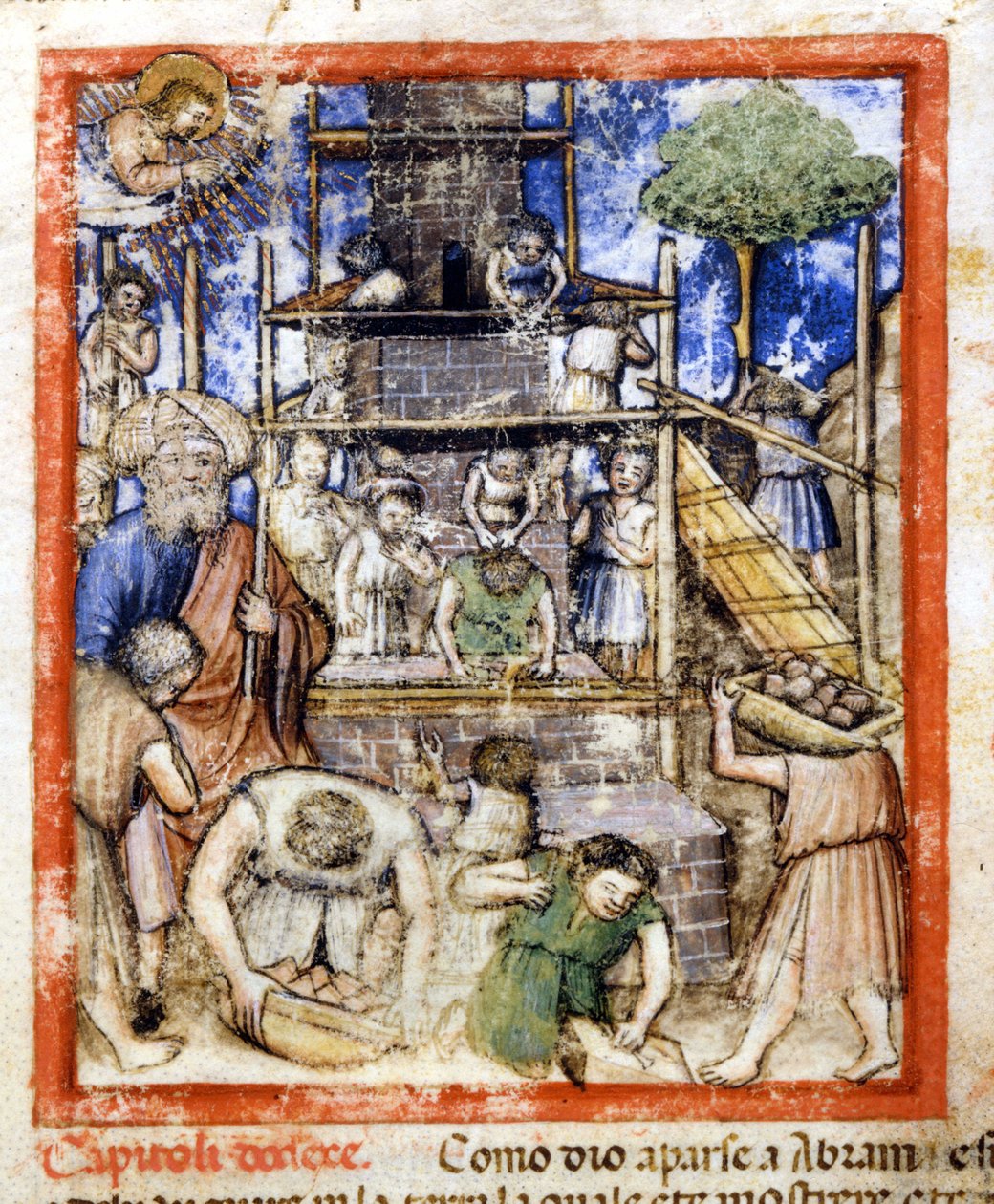 Bau des Turms von Babel. Miniatur aus Codex 212 (oder Padovaner Kodex ...