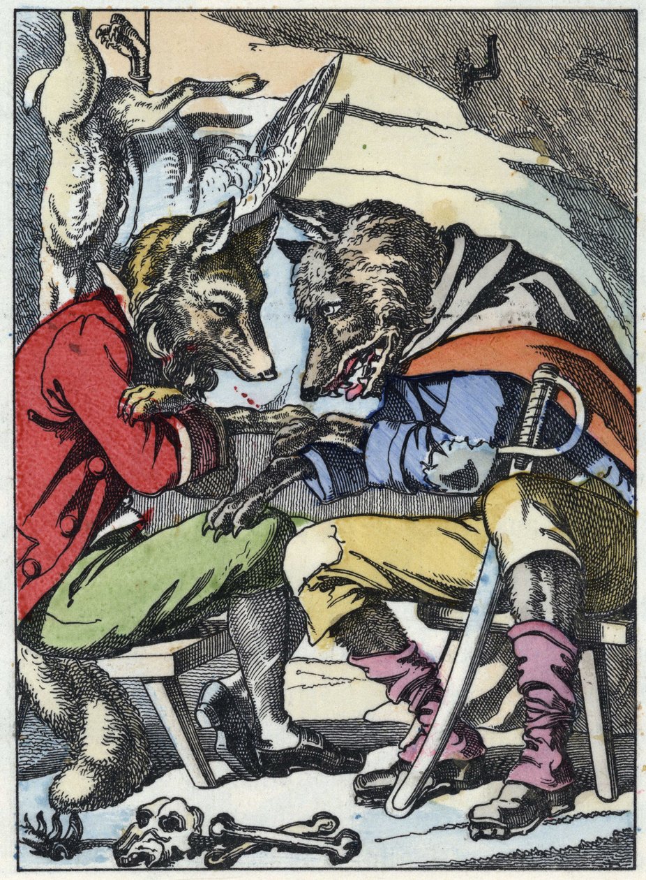 Gespräch zwischen dem Wolf und dem Fuchs. Illustration des Märchens „Compere le Loup, Maitre Renard, Comere la Chevre et ses petits biquets“ nach einer Fabel von Jean de La Fontaine. In „Märchen aus dem Heim für die Kleinen“. Anonyme Gravur des 19. Jahrhun von Unknown artist
