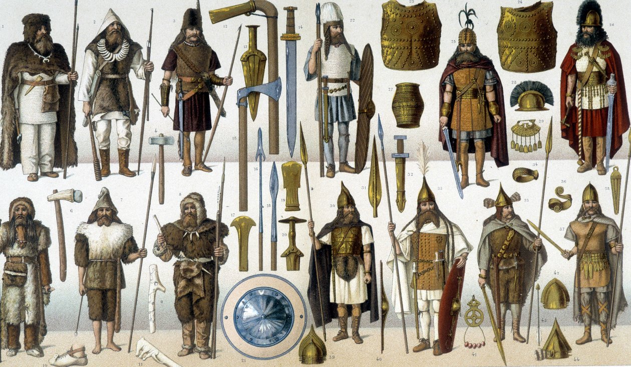 Kostüme, Rüstungen und Waffen barbarischer Krieger von Unknown artist
