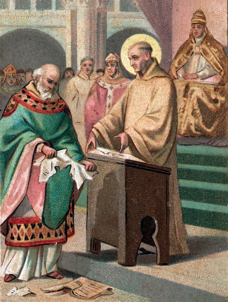 Konzil von Reims im Jahr 1148: Der heilige Bernhard von Clairvaux (1090-1153) beschuldigt Gilbert de la Porrée, Bischof von Poitiers, der Häresie - Chromolithographie aus dem späten 19. Jahrhundert von Unknown artist