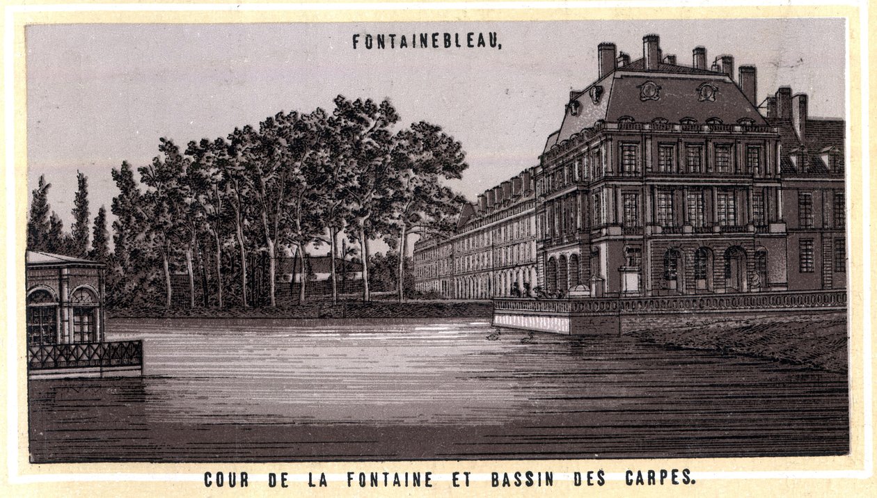 Hof des Brunnens und Karpfenteich von Fontainebleau (Seine und Marne, Region Île-de-France, Frankreich). Chromolithographie aus dem späten 19. Jahrhundert von Unknown artist