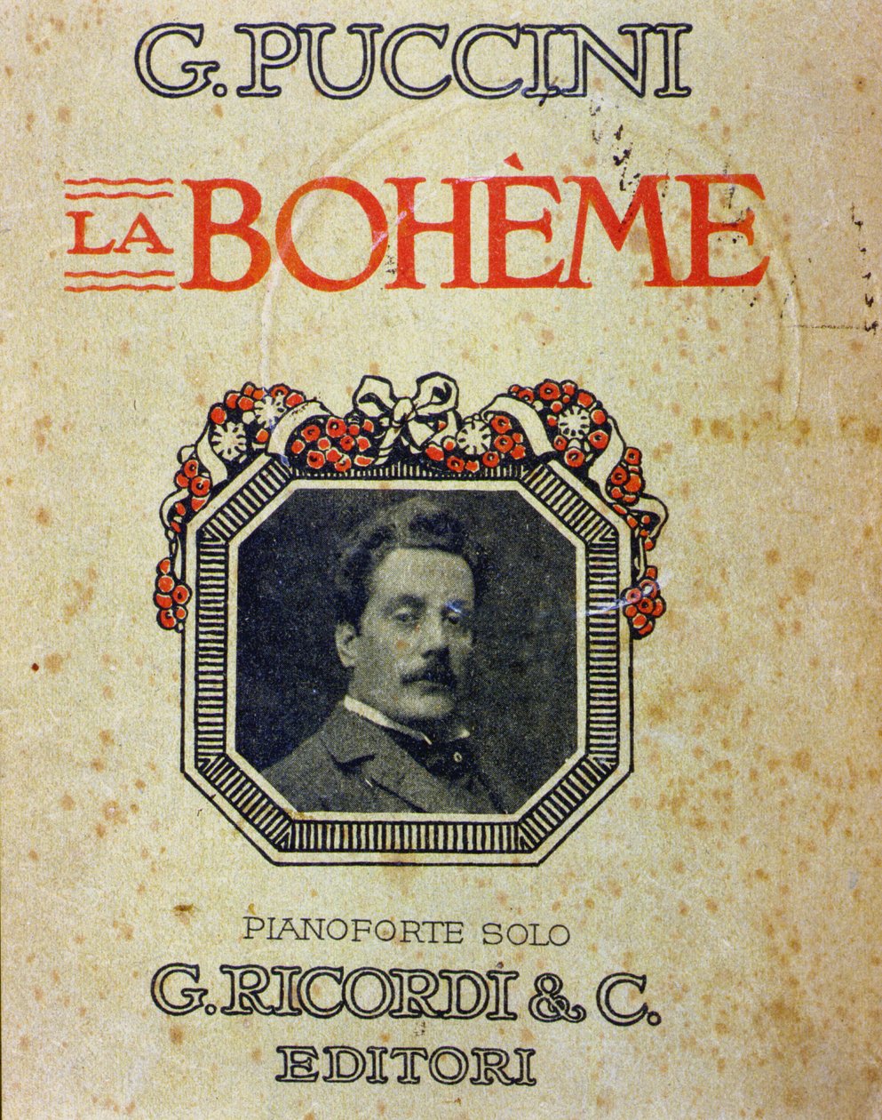 Titelblatt der Partitur „La Bohème“ von Puccini (1858-1924) mit seinem Porträt von Unknown artist