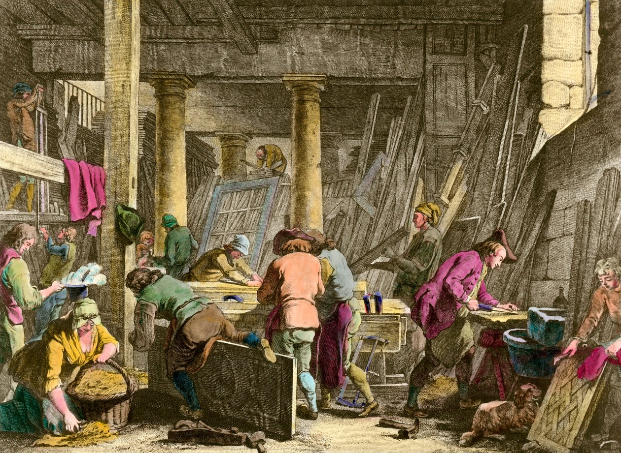 Handwerk: „Werkstatt des Herrn Jadot, Tischler“. Arbeiter bei der Arbeit im 18. Jahrhundert. Gravur des 19. Jahrhunderts. Privatsammlung von Unknown artist