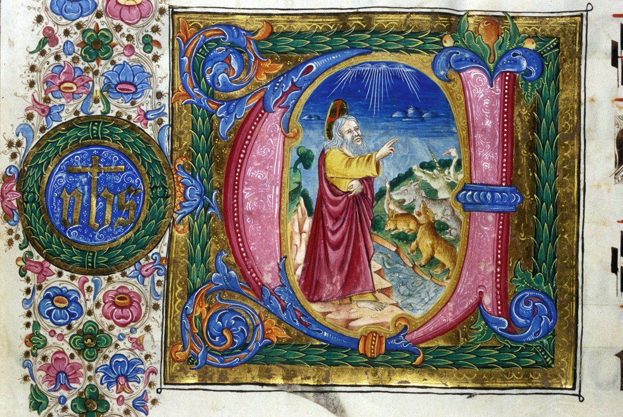 Schöpfung: Gott vor den Kreaturen der Erde. Manuskript des 15. Jahrhunderts. Bibl. Nazionale Braidense, Mailand von Unknown artist