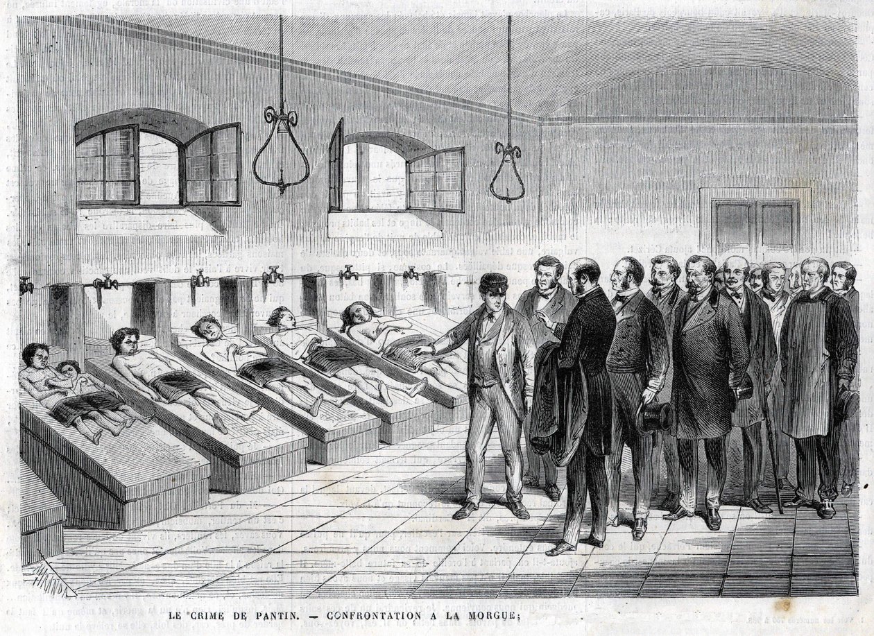 Verbrechen von Pantin im Oktober 1869. Konfrontation in der Leichenhalle. Gravur von 1869 von Unknown artist