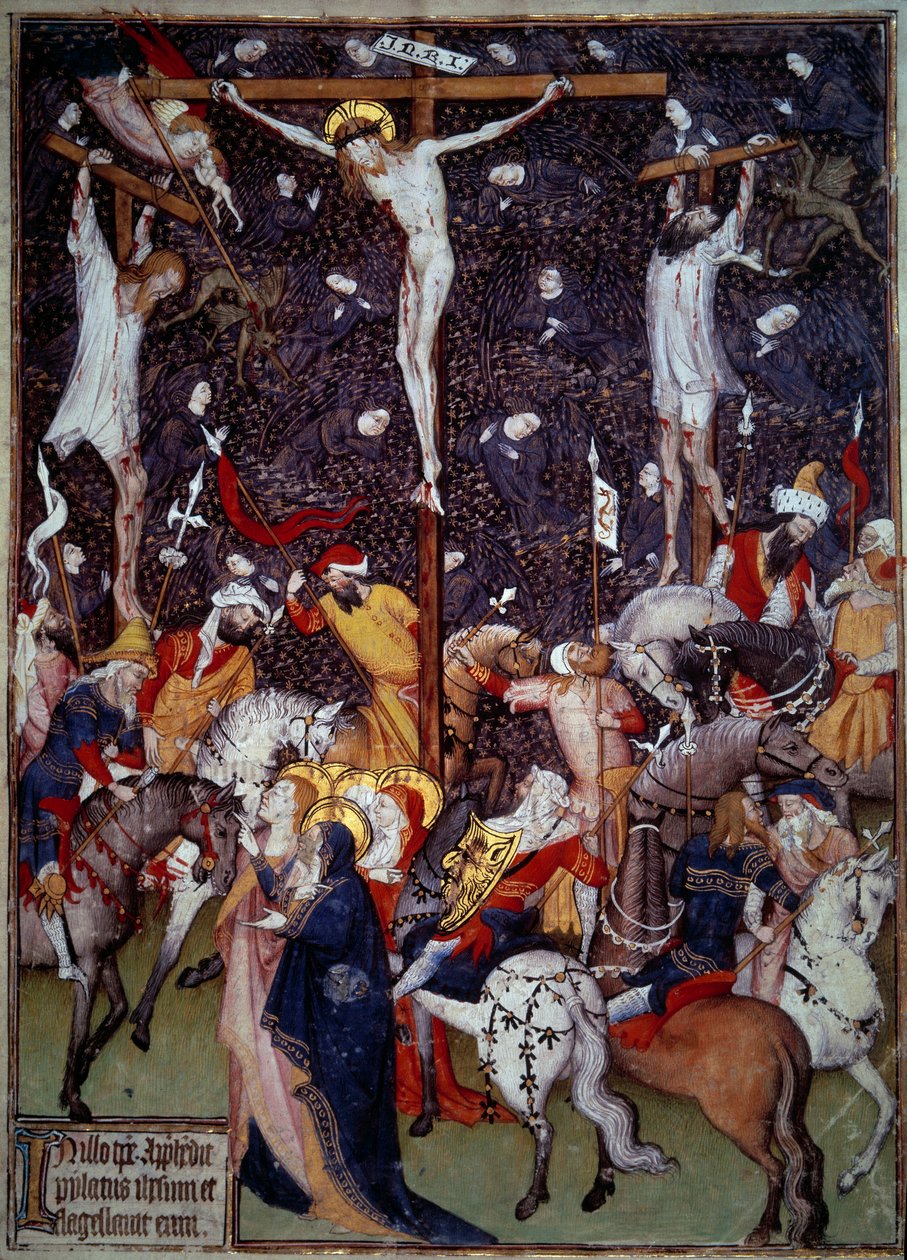 Kreuzigung. Schwarze Engel fliegen um die Körper der Verurteilten. Römer zu Pferd drehen sich um das Kreuz, um die Szene zu betrachten. von Unknown artist