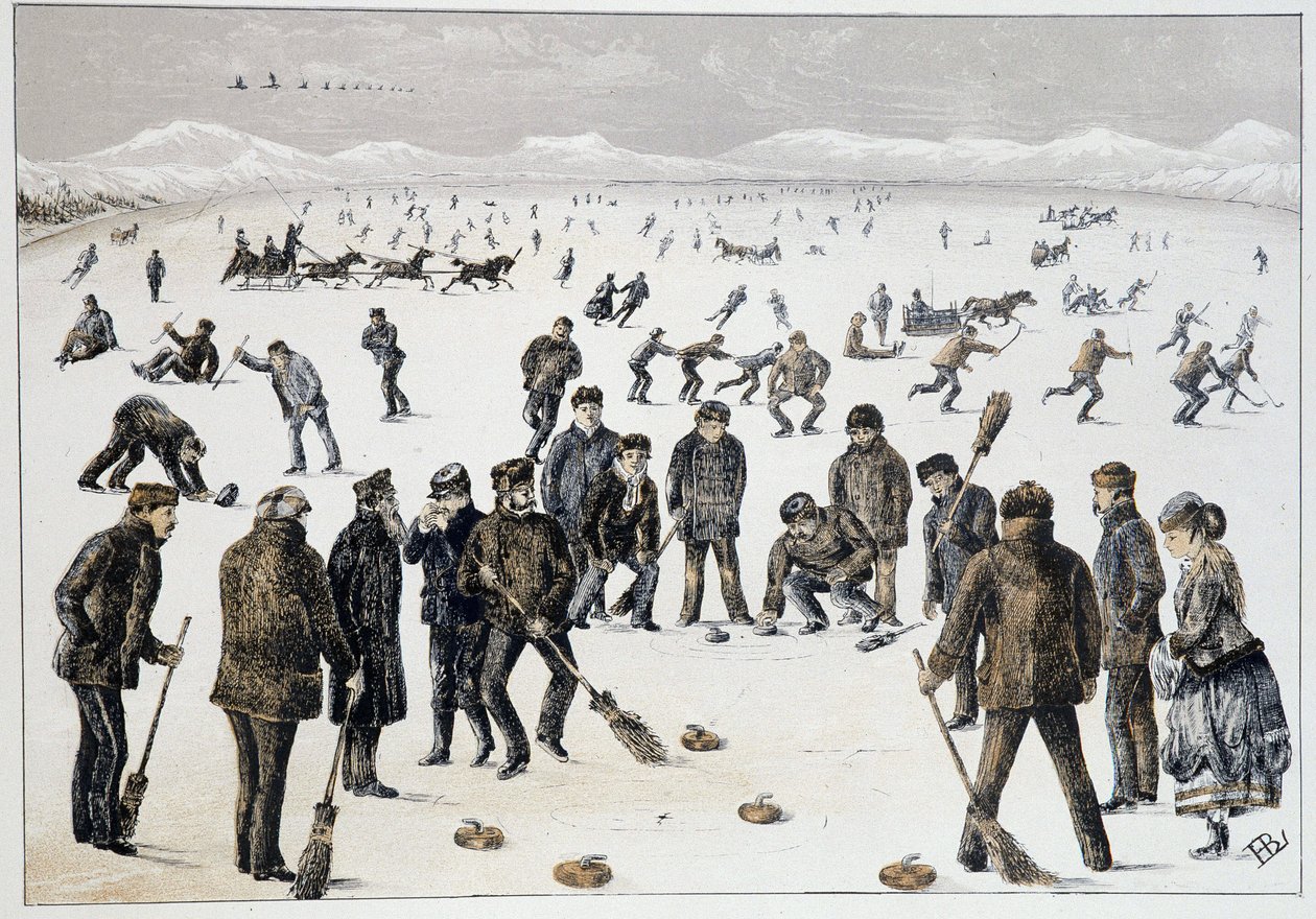 Curling auf einem zugefrorenen See in der Nähe von Halifax, Nova Scotia - in Sketches of canadian sports and pastimes von Lieut. Henry Buckton Laurence von Unknown artist