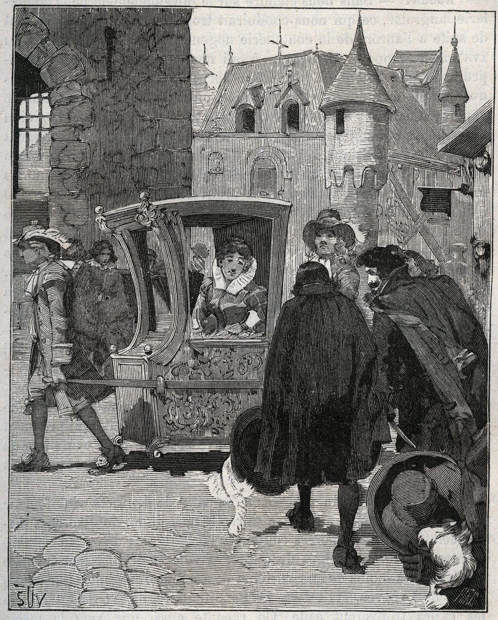 Besteck: Schiffer umringen den Stuhl von Marie de Rabutin-Chantal, Marquise de Sevigne, um ihm beim Eintreffen in Nogent (Haute Marne) im Jahr 1675 Messer zu verkaufen. Gravur von 1885 in „Les arts et metiers illustres“ von Unknown artist