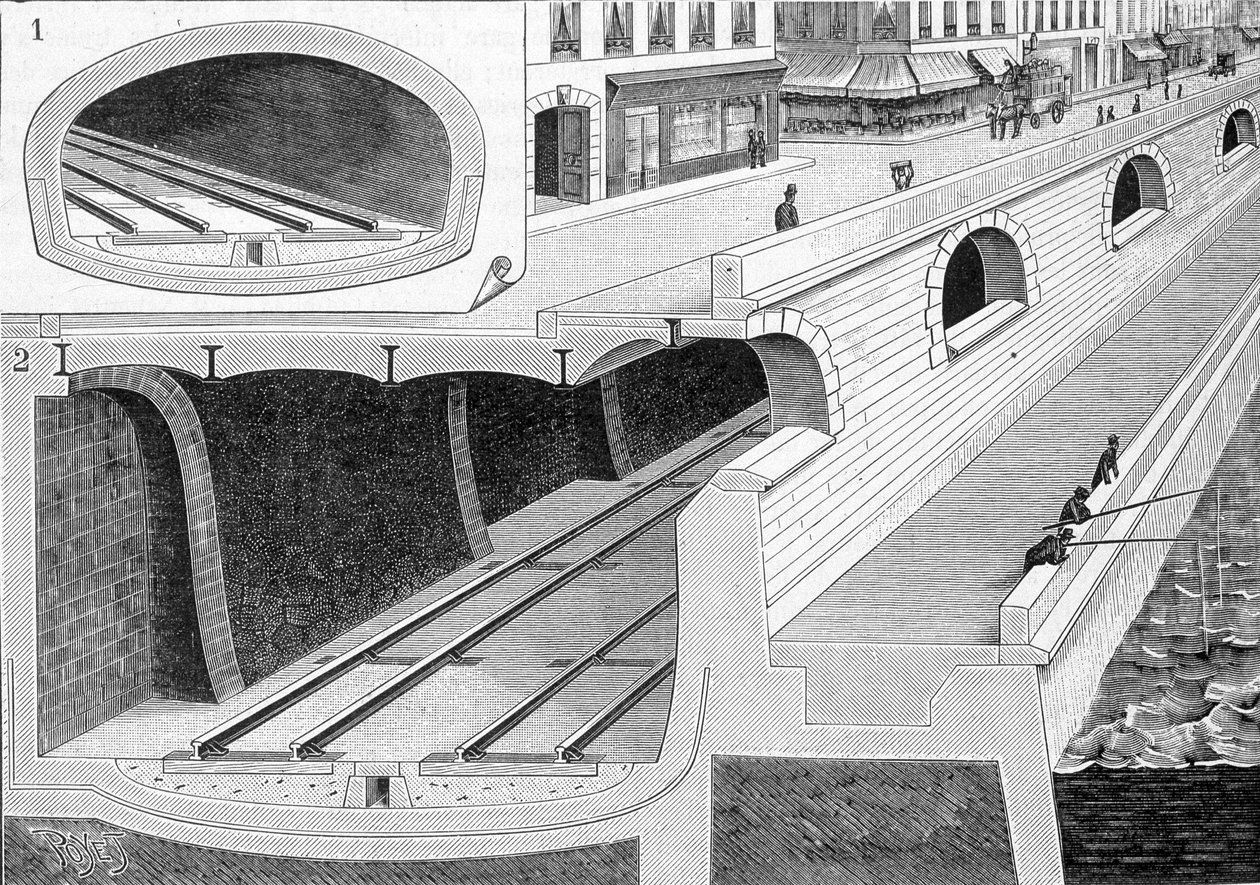 Schneiden der Strecke in den Tunnelteilen (Züge zur Station Orléans bringend) mit Eisenboden, der die Fahrbahn direkt stützt - in „La Nature“ von Unknown artist