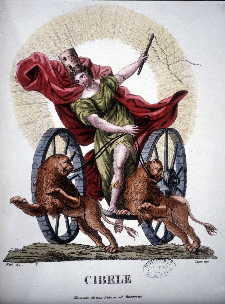Kybele, Göttin der Fruchtbarkeit der Natur - im Dizionario mitologico, Gravur des 19. Jahrhunderts nach einem Gemälde von Tintoretto, Bibl. di Brera, Mailand. von Unknown artist