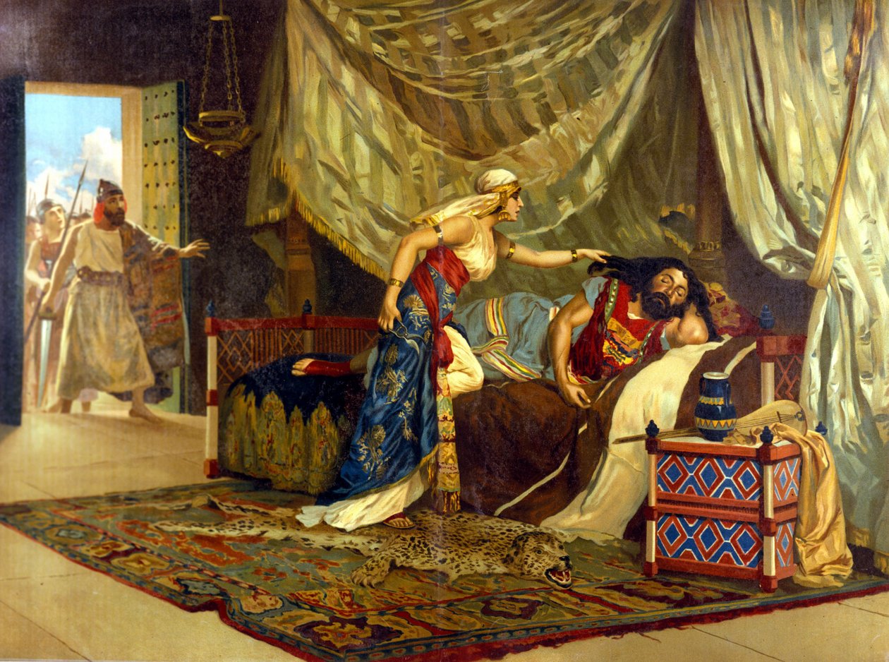 Dalila ist dabei, Samsons Haare zu schneiden und seine Stärke zu reformieren. 19. Jahrhundert von Unknown artist