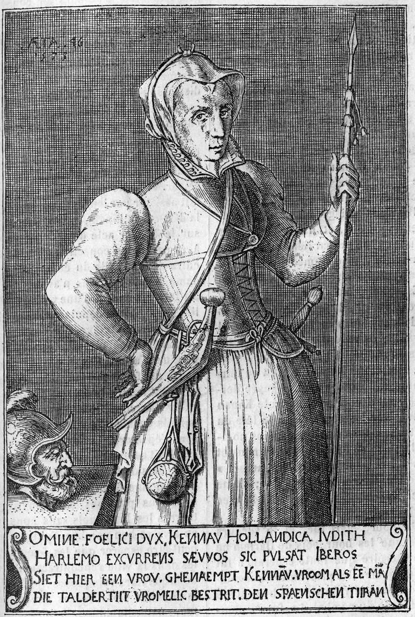 Dame Kenau Simonsdochter Hasselaer (1526-1588), die Heldin von Haarlem (Holland) während des Kampfes gegen die Spanier im Jahr 1572. Gravur des 17. Jahrhunderts, vergleichbar mit Judith von Holofernes von Unknown artist