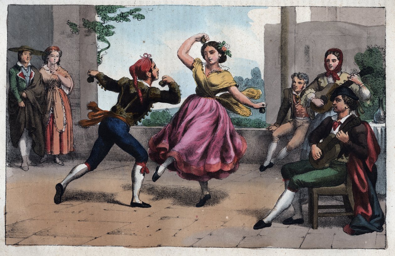 Tanz des Bolero und Kostüme von Granada - Bolero-Tanz und Kostüme von Granada - Gravur aus „Usi e Costumi di Tutti i Popoli dell