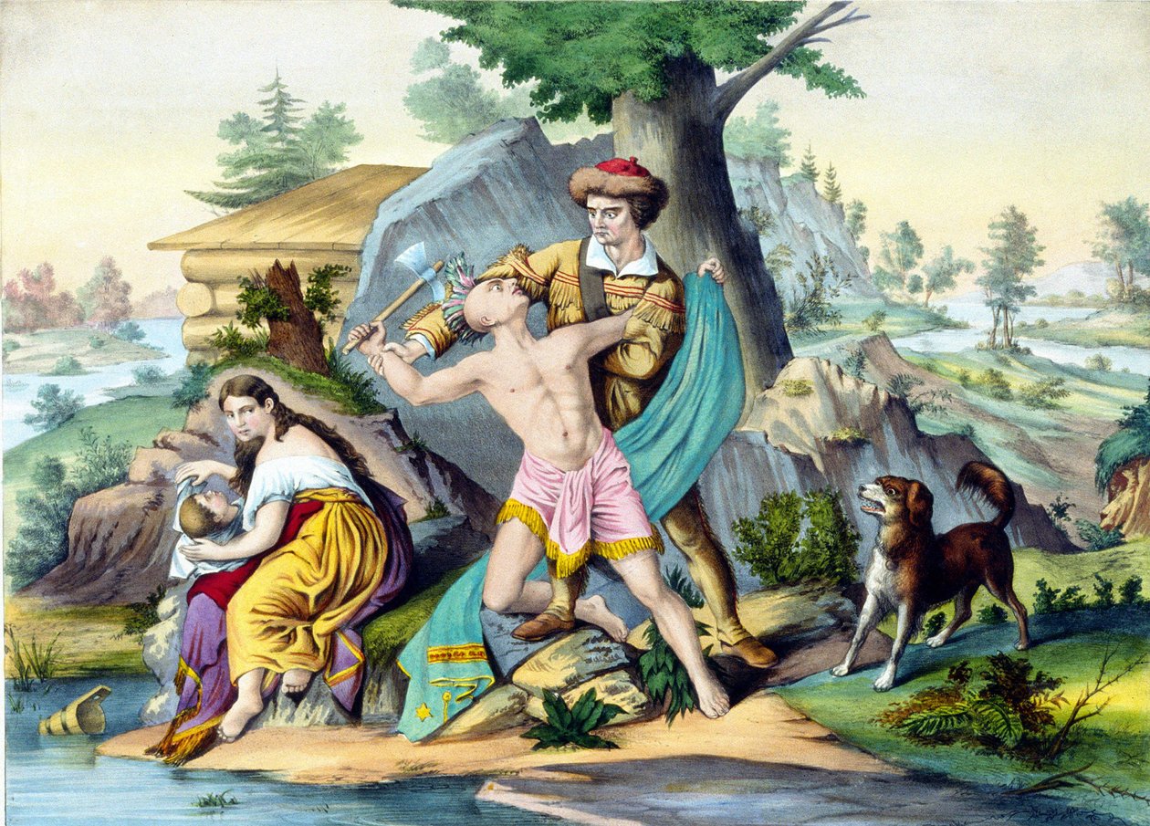 Daniel Boone schützt seine Familie: Daniel Boone, amerikanischer Pionier (1734 - 1820), tötet einen Indianer, der seine Familie mit einer Axt angreift. Gravur 19. Jahrhundert von Unknown artist