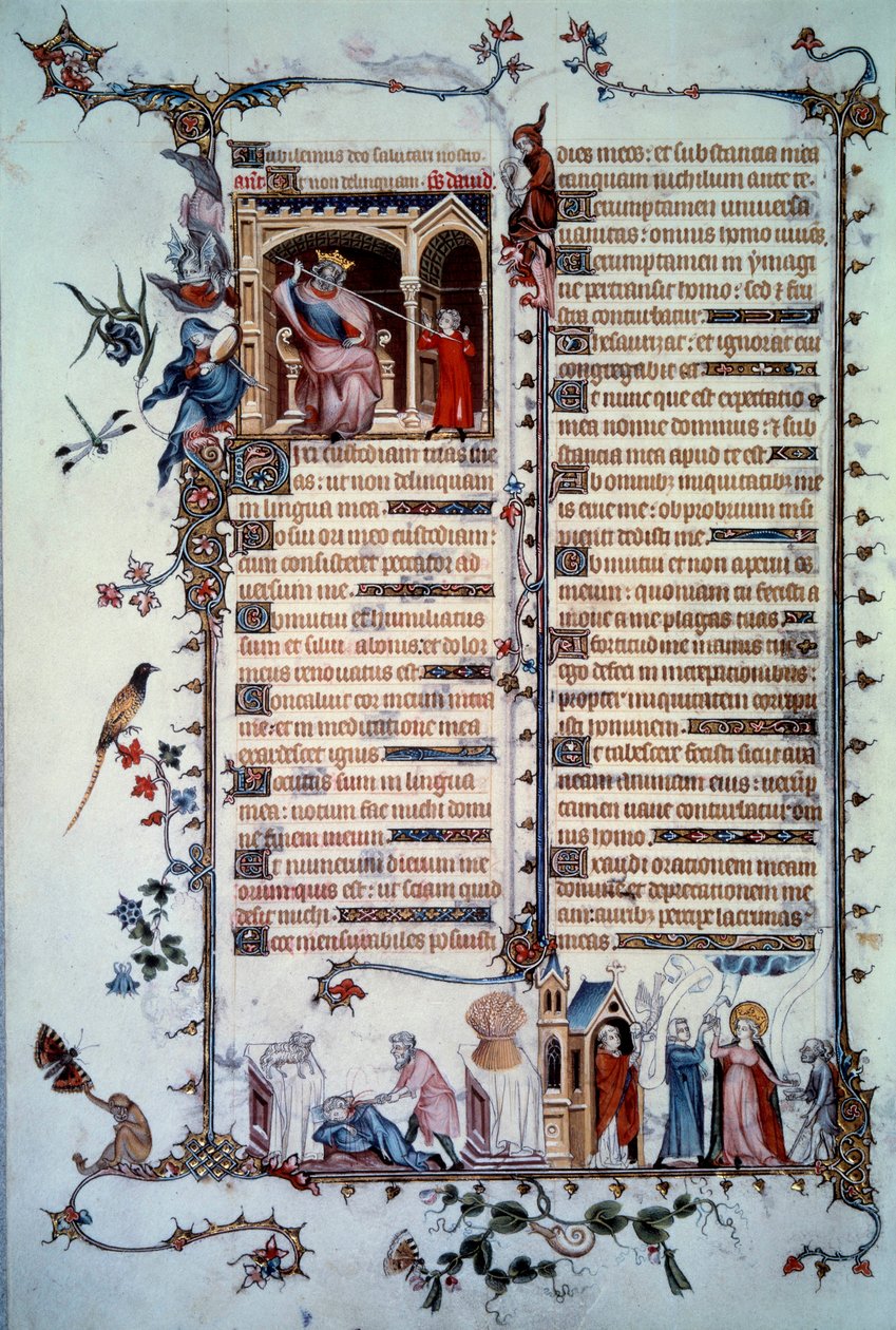 David wird von Saul bedroht. Allegorie der Gier. Sakrament der Kommunion. Allegorie der Nächstenliebe. Miniatur aus dem Psalter „Breviaire de Belleville“ von Unknown artist