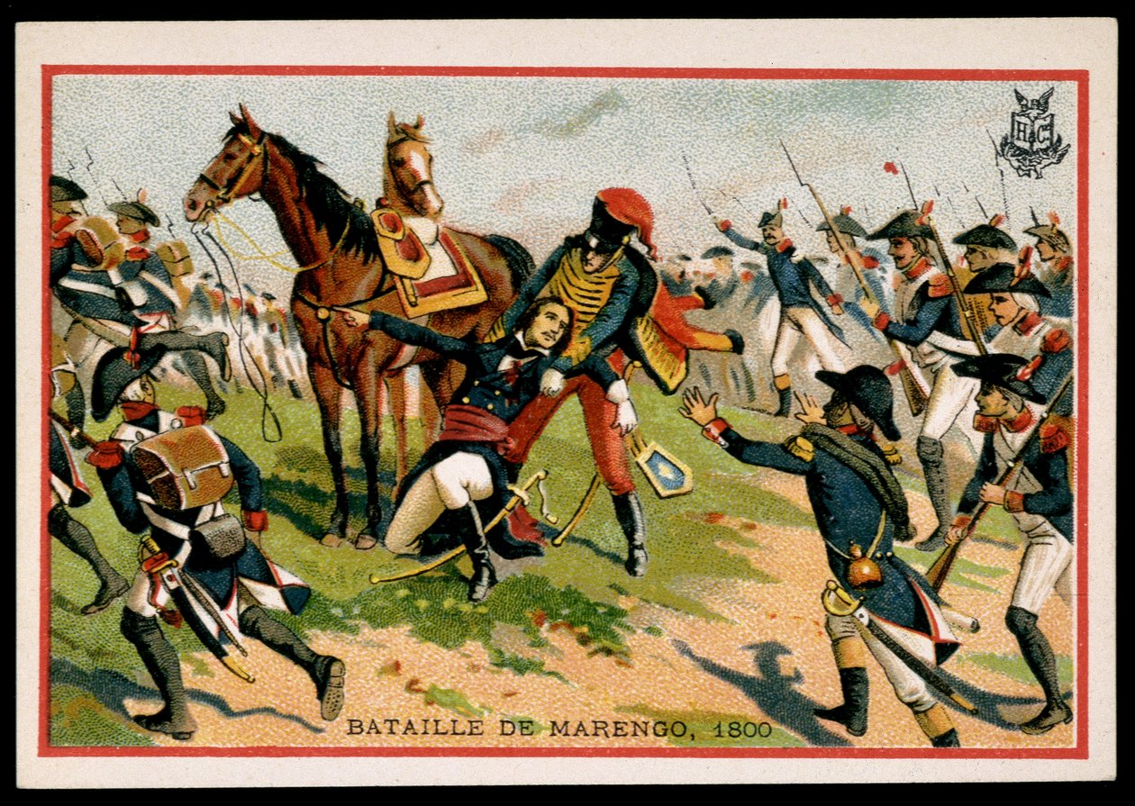 Tod von General Charles Antoine Desaix de Veygoux (1768-1800) in der Schlacht von Marengo (1800) - Chromo., späte 19. Jahrhundert von Unknown artist