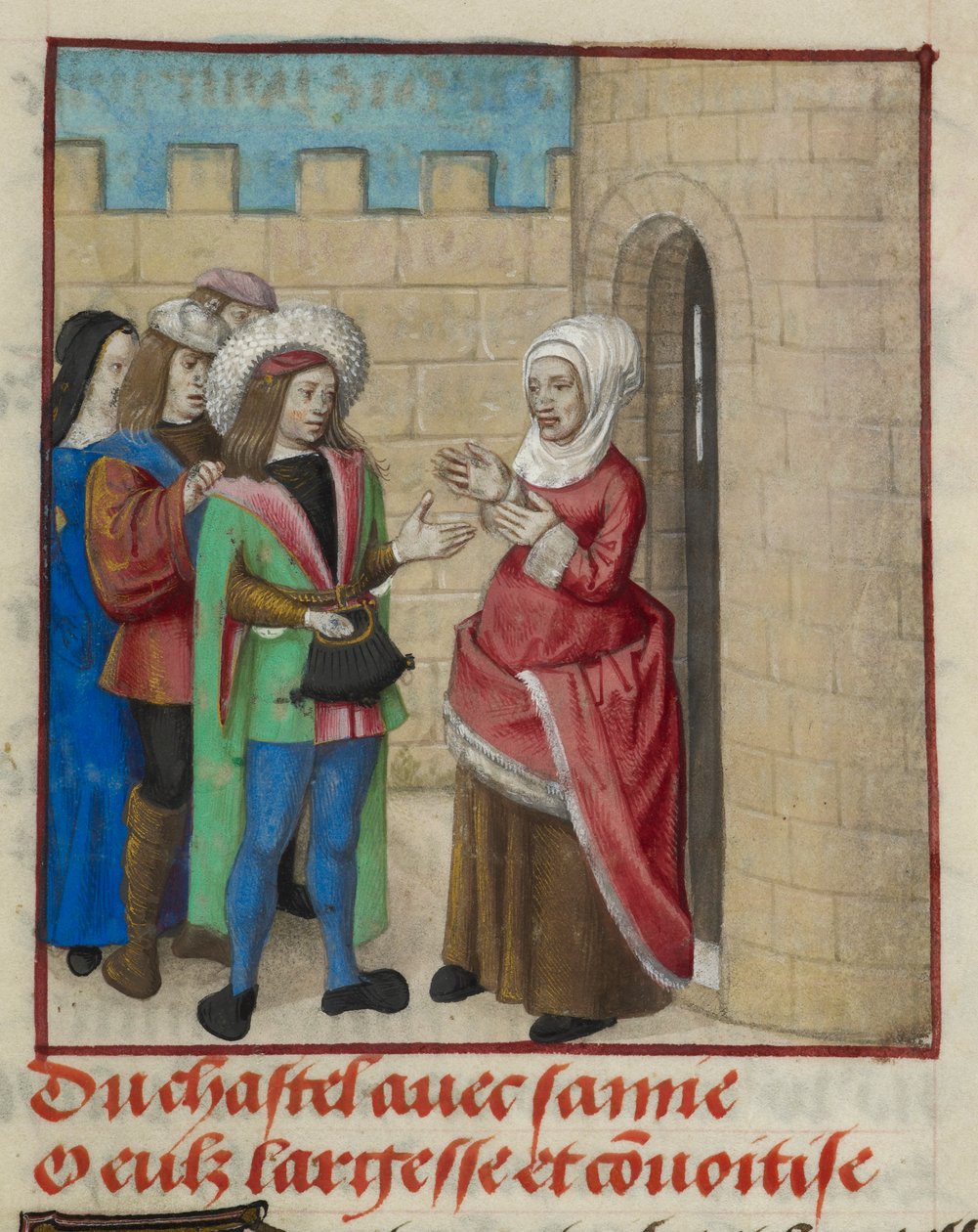 Detail einer Miniatur von Convoitise (Habgier) und Largesse (Großzügigkeit), die das Schloss betreten, aus 