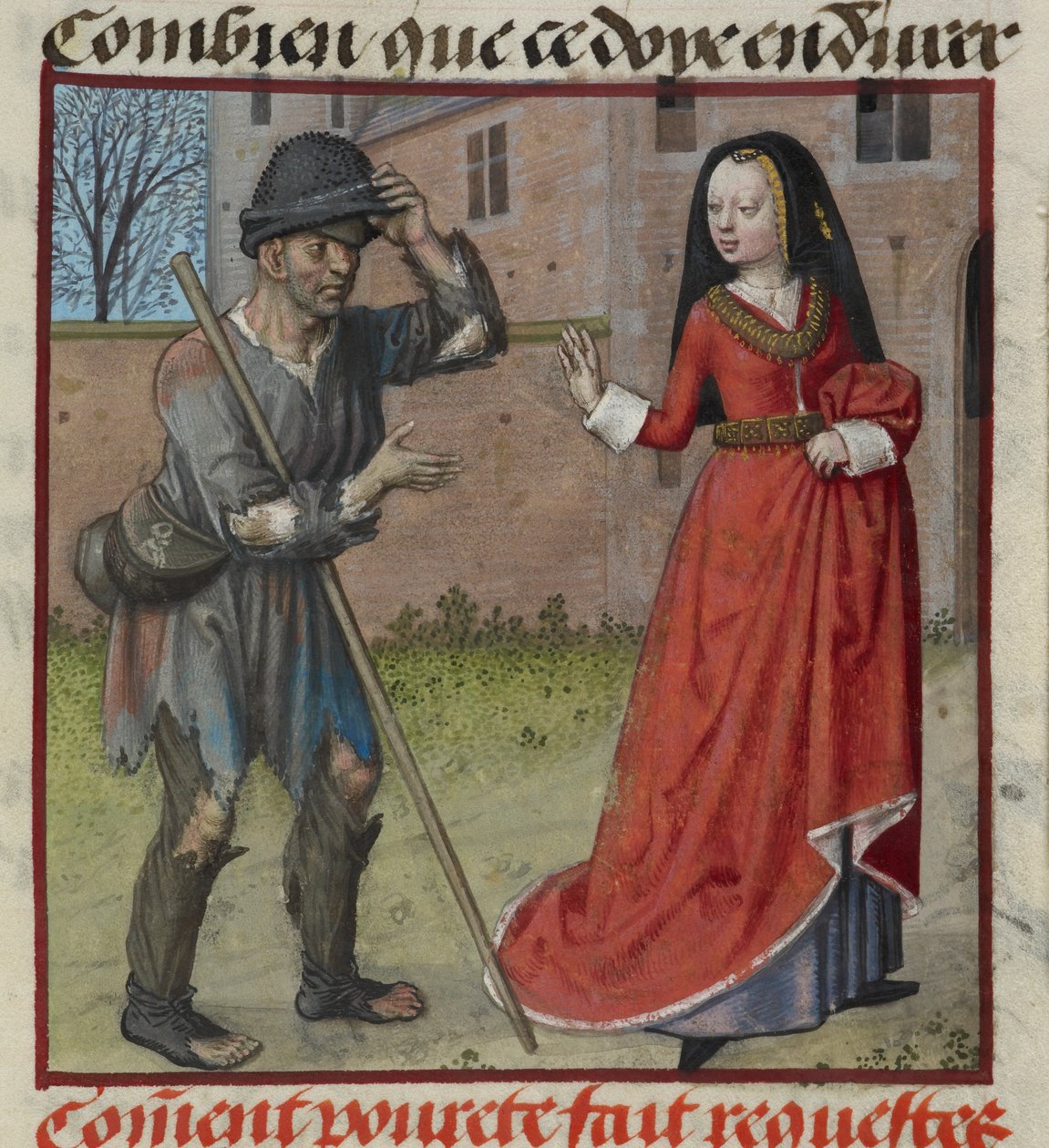 Detail einer Miniatur von Pauvrete (Armut), die von Richesse (Reichtum) bettelt, aus 
