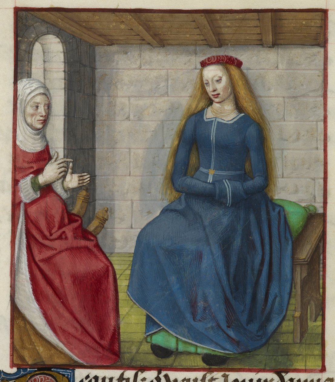 Detail einer Miniatur von la Vieille (die Anstandsdame) und Bel Accueil (Freundlicher Empfang), aus 