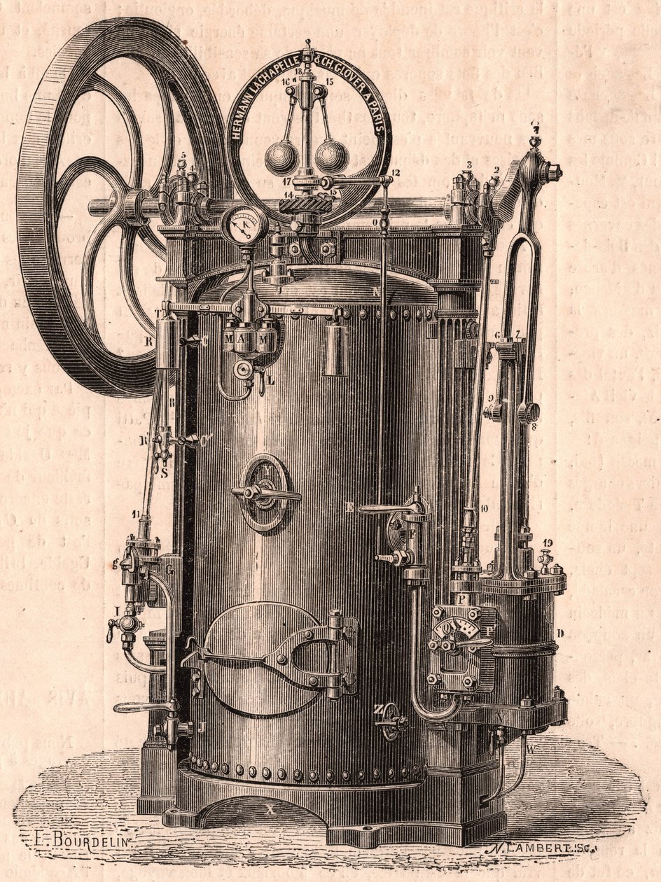 Detaillierte technische Ansicht einer kleinen Dampfmaschine, produziert in Paris im Jahr 1866: Kessel, Zylinder, Kolben, Pleuelstange und Schwungrad von Unknown