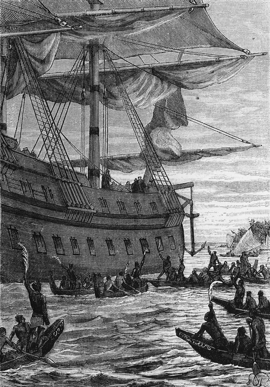 Entdeckung der Indes: Reise von Wallis im Pazifik; Einheimische treffen die Kolonisten - in „Les Voyageurs du 18eme et 19eme siècle“, von Jules Verne, ed. Hetzel et Cie, Paris von Unknown artist