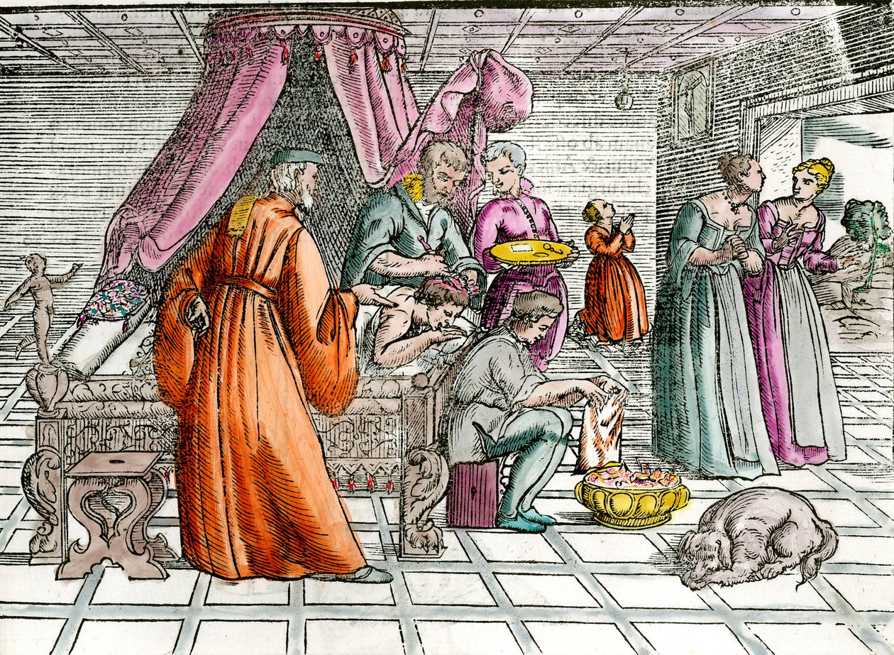 Arzt: „Eine Trepanation“. Ein Chirurg operiert den Schädel seines Patienten. Gravur aus dem 16. Jahrhundert Private Sammlung von Unknown artist