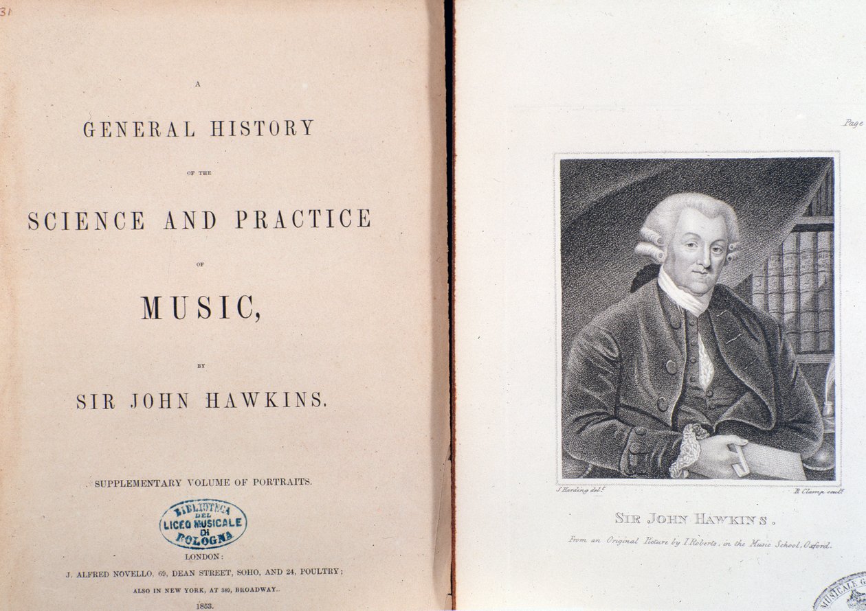 Doppelseite und Frontispiz der Allgemeinen Geschichte der Wissenschaft und Praxis der Musik von John Hawkins von Unknown artist