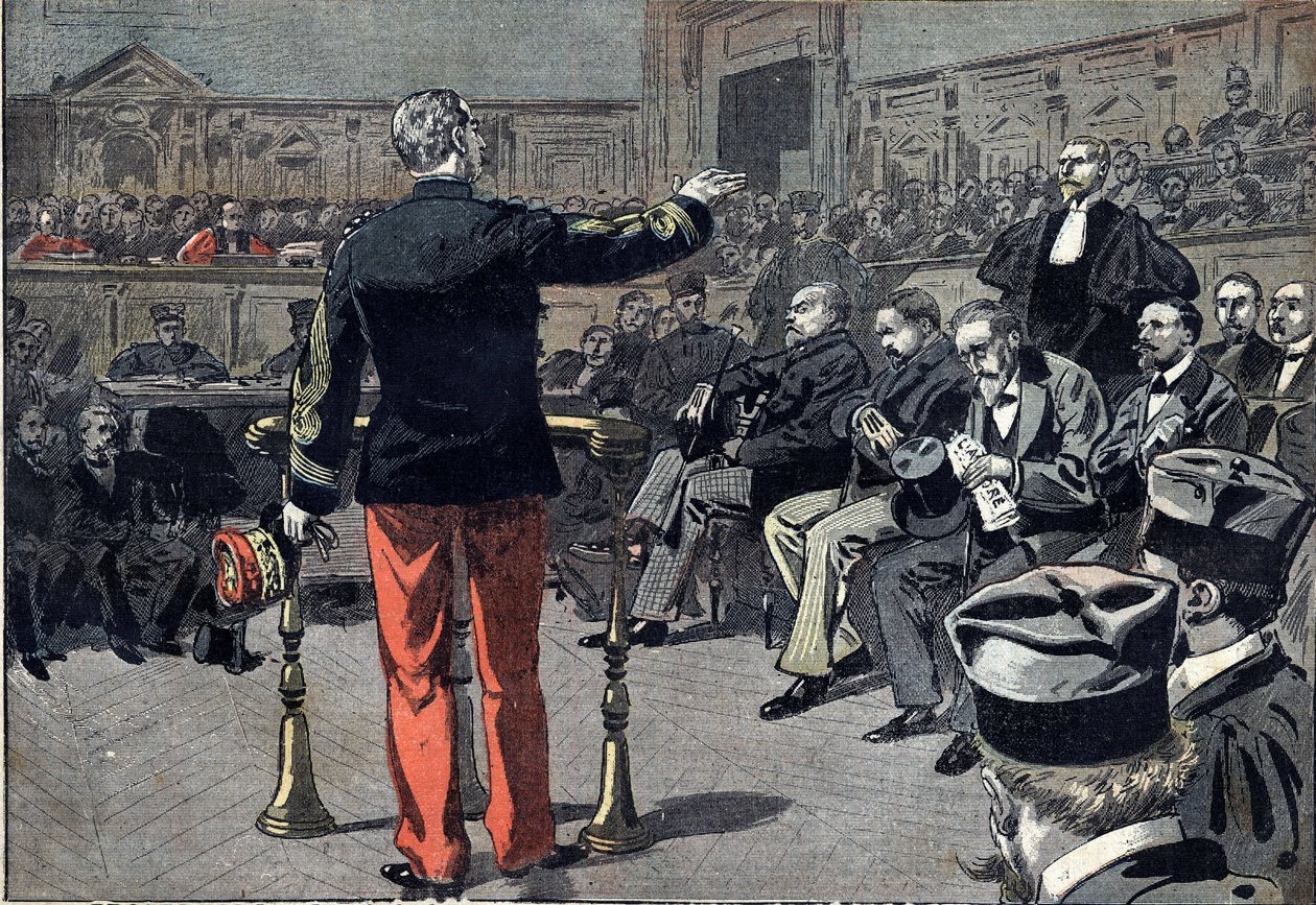 Dreyfus-Affäre - Prozess von Emile Zola - 1898: General Auguste Mercier (1833-1921) beantwortet Fragen von Fernand Labori (1860-1917), Anwalt des Schriftstellers Emile Zola (1840-1902). Ebenfalls dargestellt sind der Präsident des Tribunals Albert Delegorg von Unknown artist
