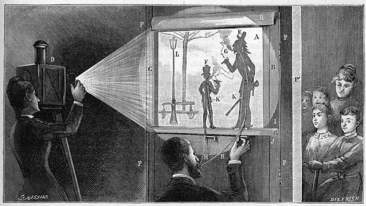 Du feu bitte - die Kulissen des Theaters von Shadbres - Gravur in „La nature“ von 1892. von Unknown artist