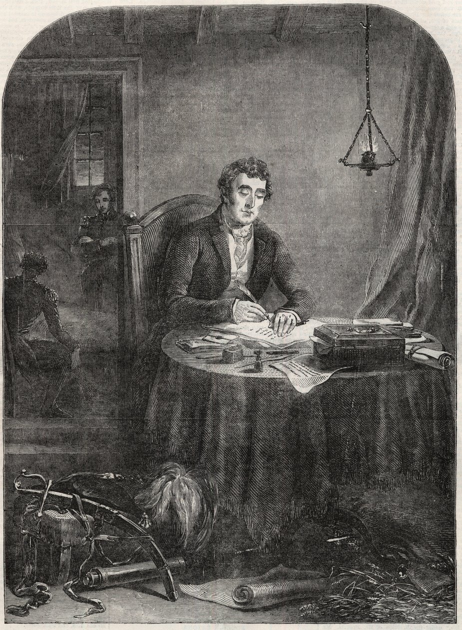 Duke of Wellington (Arthur Wellesley) schreibt nach Waterloo, 19. Juni 1815 (Stich 1852) von Unknown artist